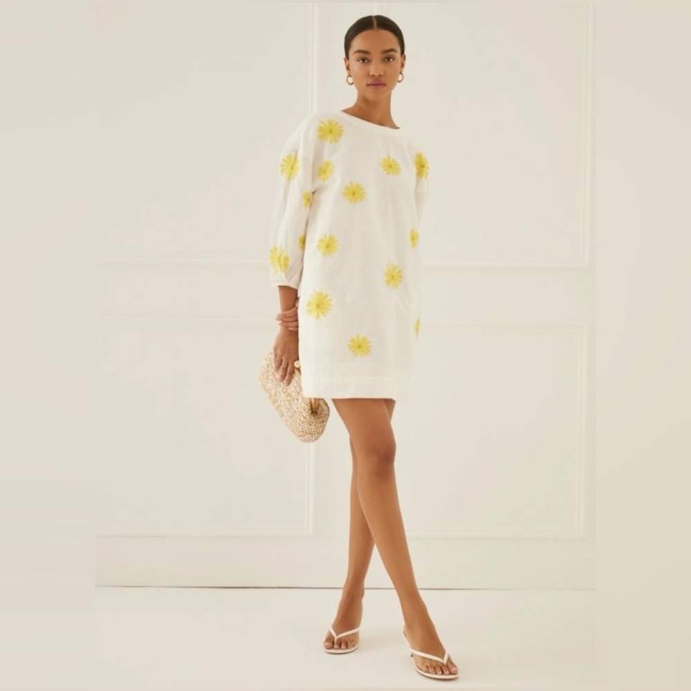 Something Navy Embroidered Long Sleeve Open Back Mini Dress in White Combo